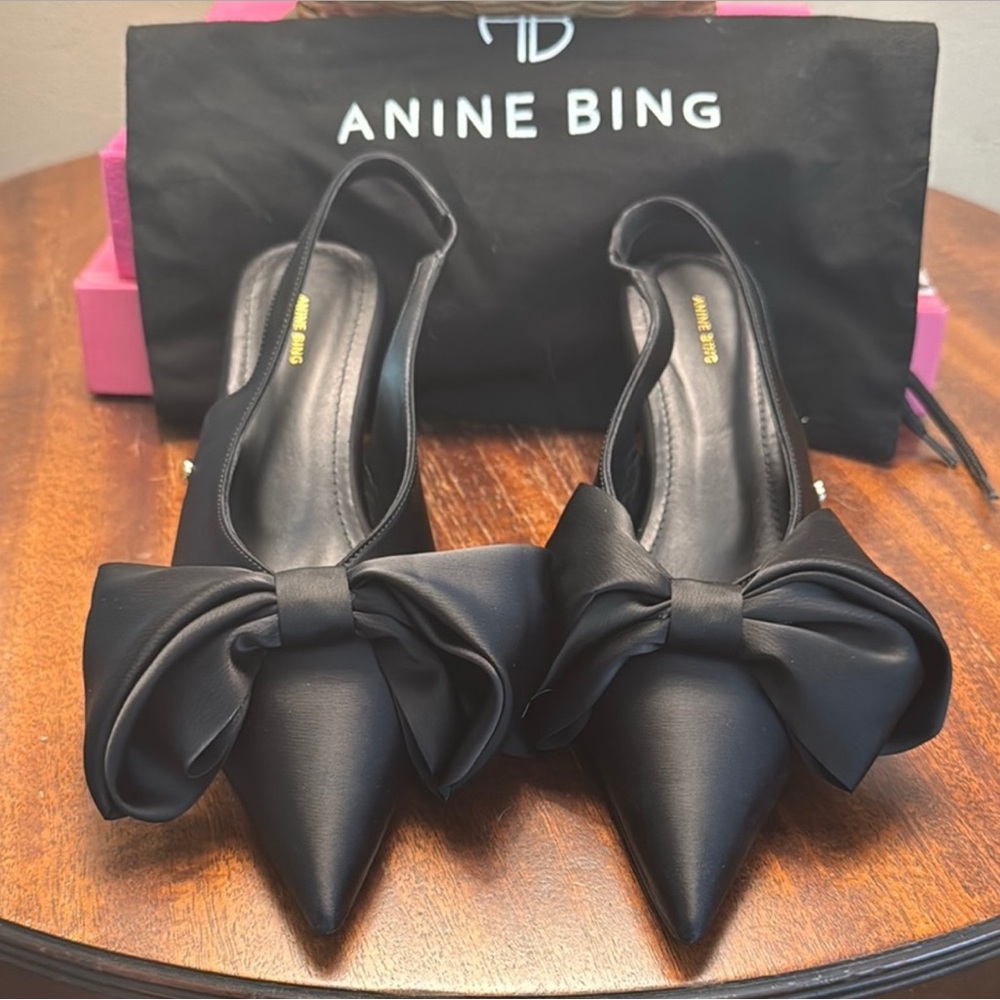 Anine Bing ‘Nina’ Heels with Bow | Black Satin